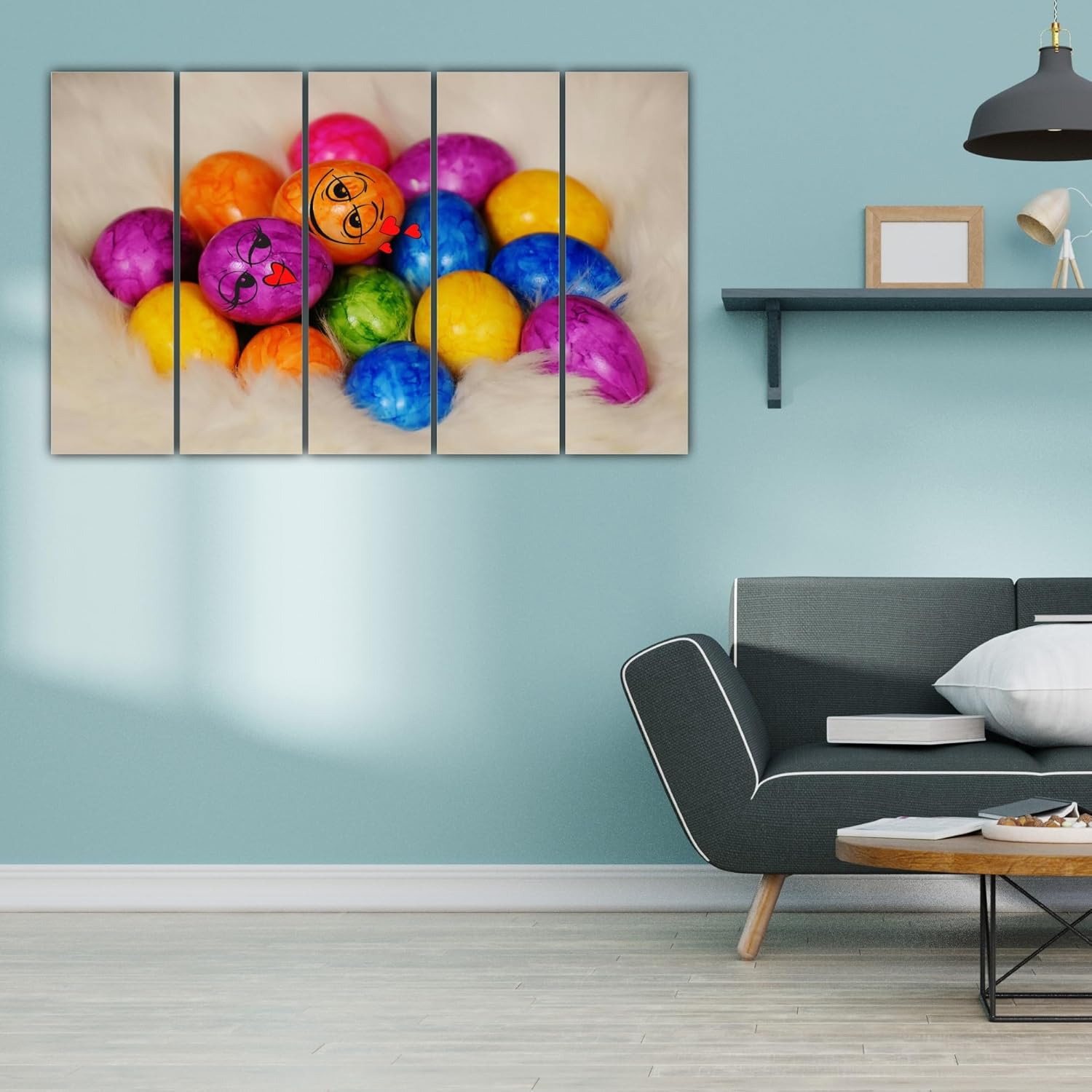 Close-up of the vibrant Easter Egg multi-panel design in the framed Wall Art