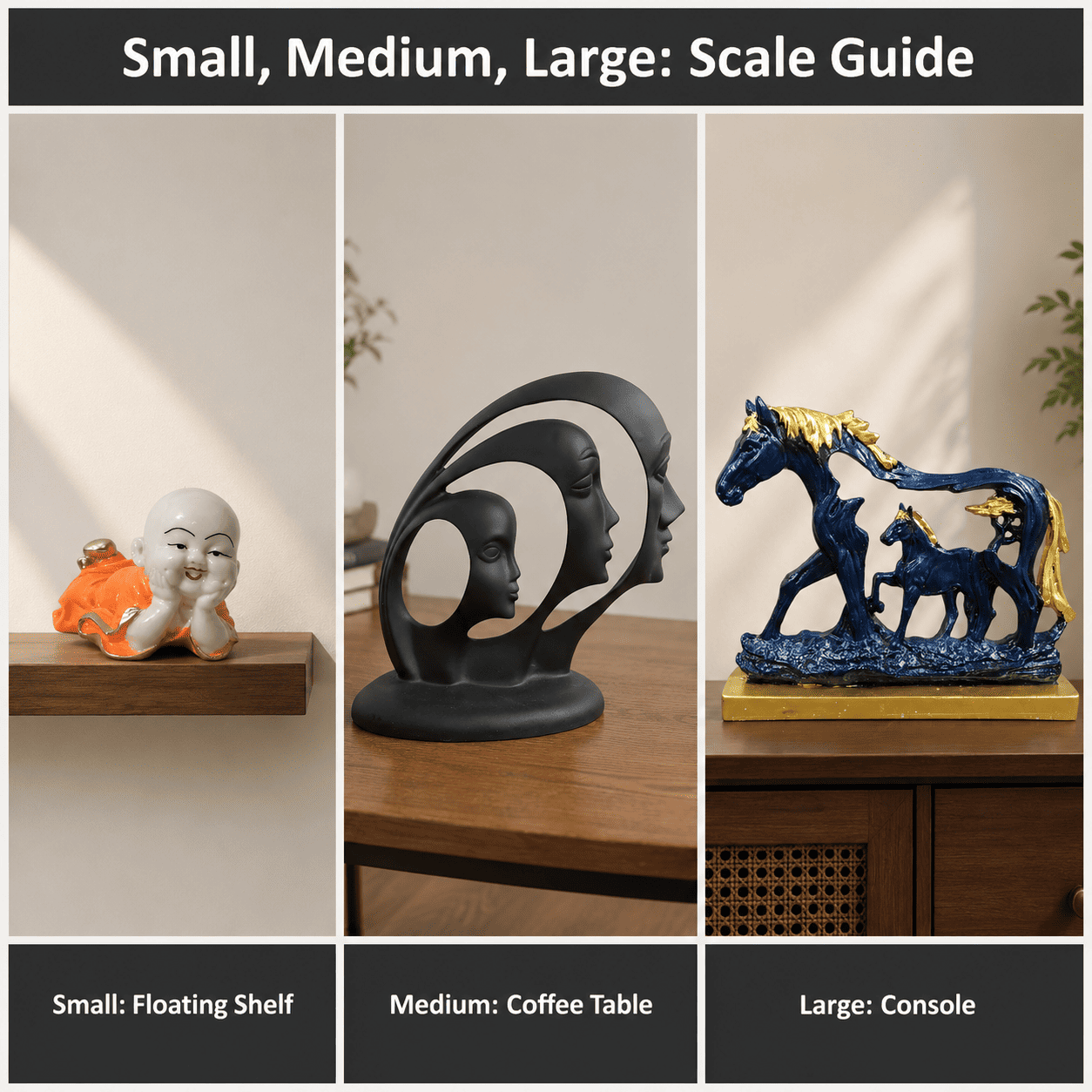 comparison grid of small medium and large home decor accents by surface type