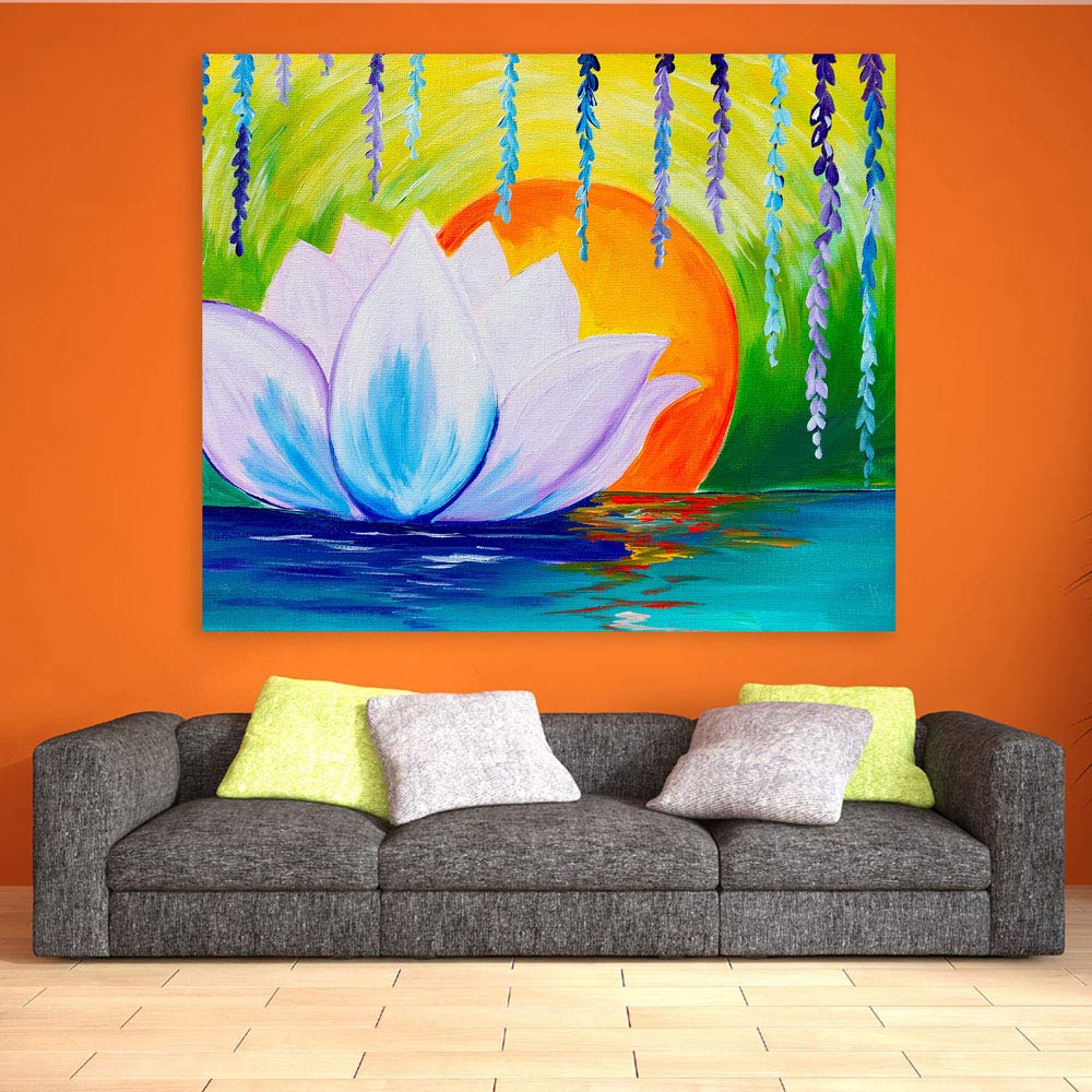 Blooming Marvel Lotus-sational Abstract Unframed Wall Art hanging over a sofa