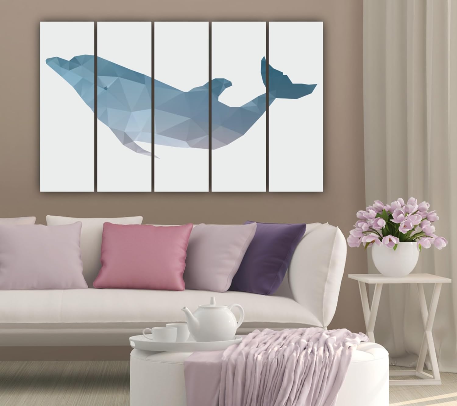 Close-up of the vibrant fish polygon details on Fish-tastic Multiframe Wall Art