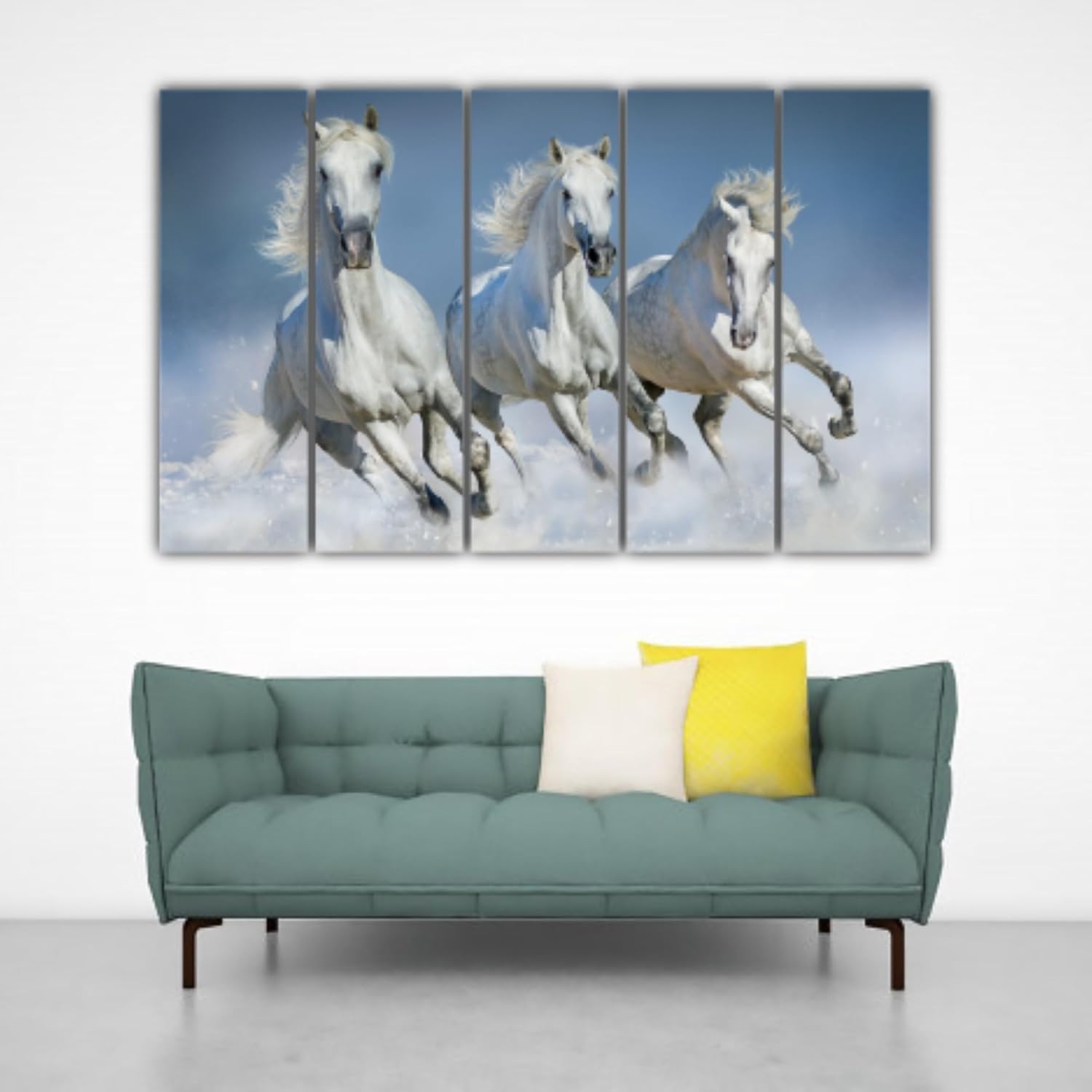 Artistic view of Gallop to Good Vibes 5-Panel Framed Horse Wall Art bringing motion and Vastu energy to a living room.