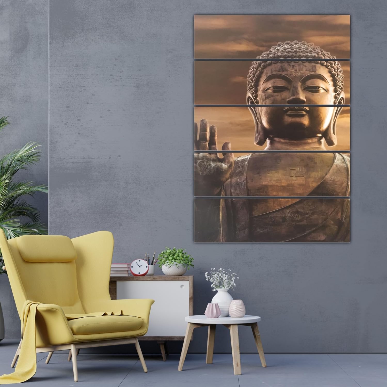 Om My Walls! Buddha-tiful 5-Panel Framed Wall Art brightening a minimalist bedroom wall