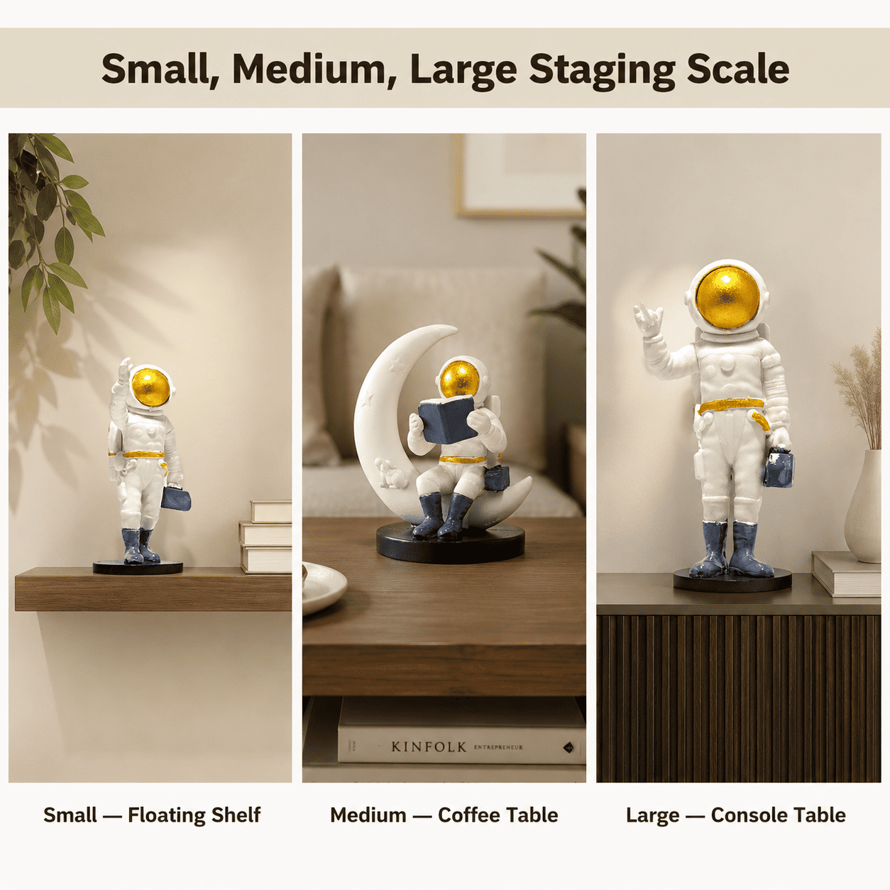 comparison grid of small medium large decor pieces on matching surfaces