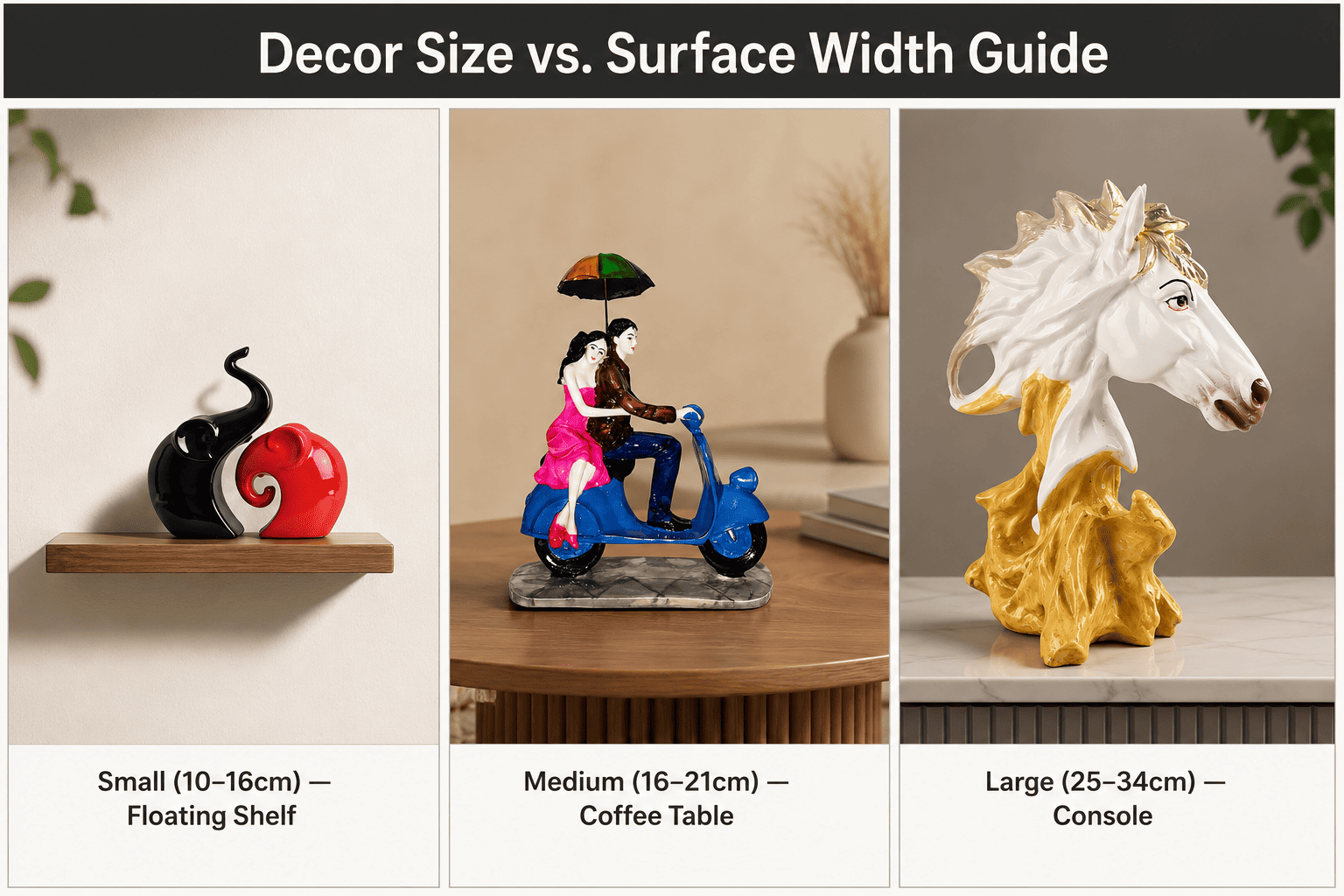 size comparison grid of small medium and large decor pieces on different surfaces