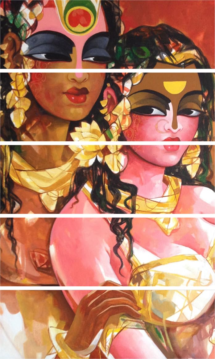 Radha-Krishna Multi-Frame Wall Art That'll Make Your Space Chant 'Om' displayed above a modern sofa