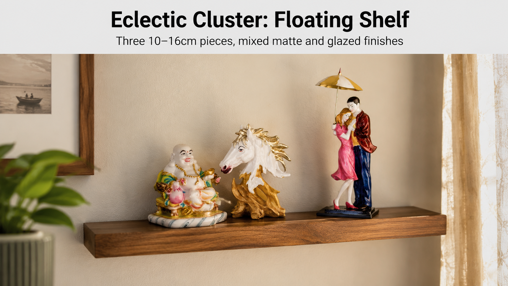 small decorative pieces clustered on a floating shelf