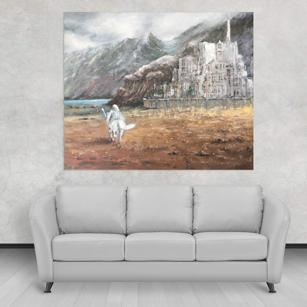 Warrior-fy Your Walls: White Warrior Man Unframed Canvas That Delivers Epic Vibes (91x76cm Wall Art) hanging above a sofa in a modern living room