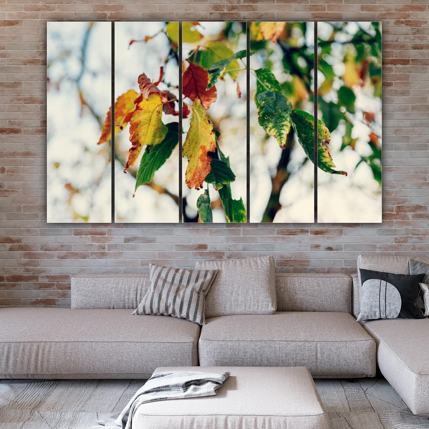 Close-up of the splash-proof vibrant leaf designs on the framed Wall Art set