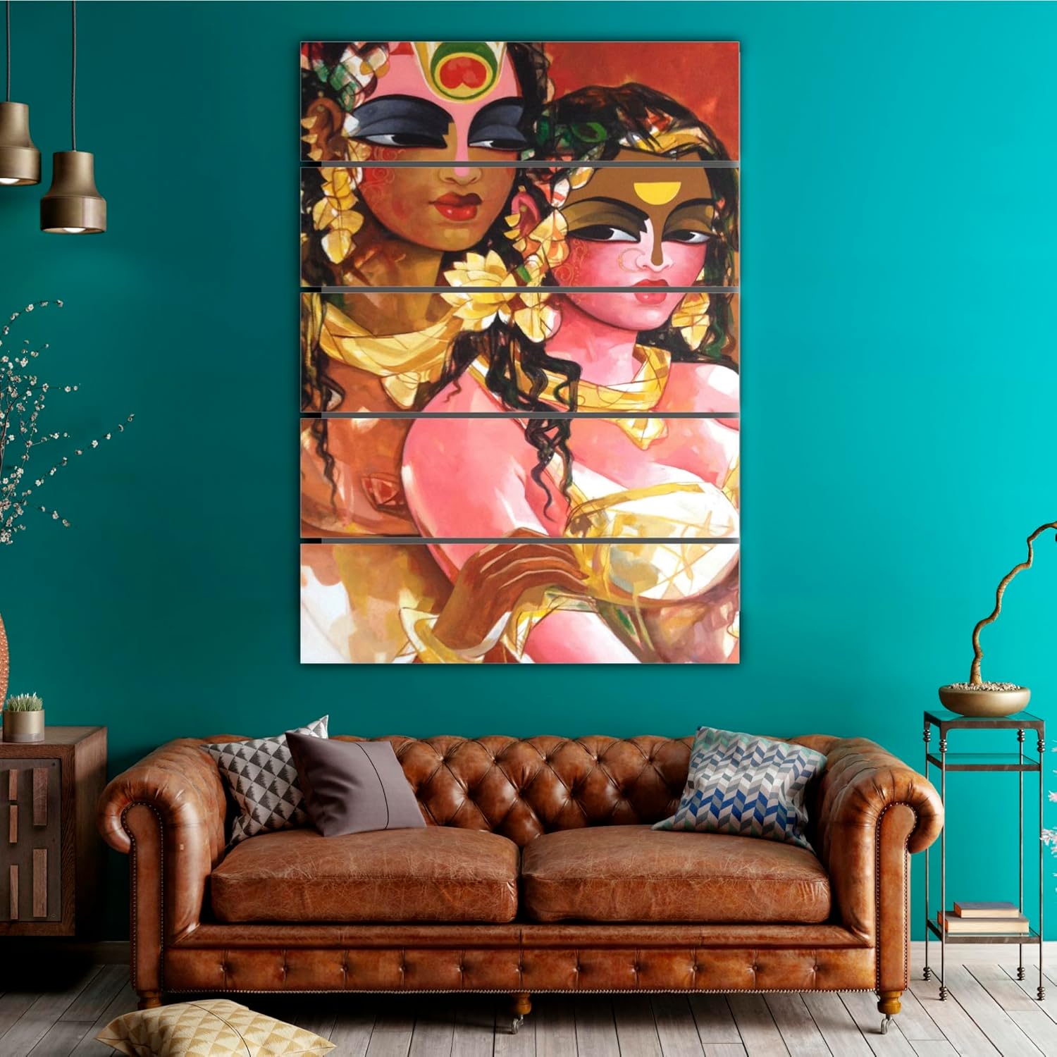 Radha-Krishna Multi-Frame Wall Art That'll Make Your Space Chant 'Om' shown in a cozy bedroom