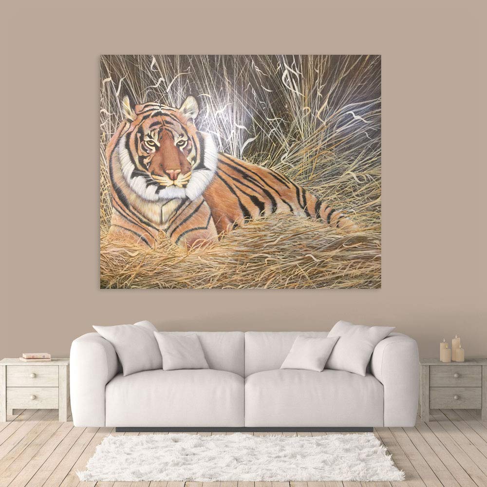 Close-up of Tiger-ific Roar: Unframed Bengal Tiger Wall Art showing vibrant purple tiger stripes
