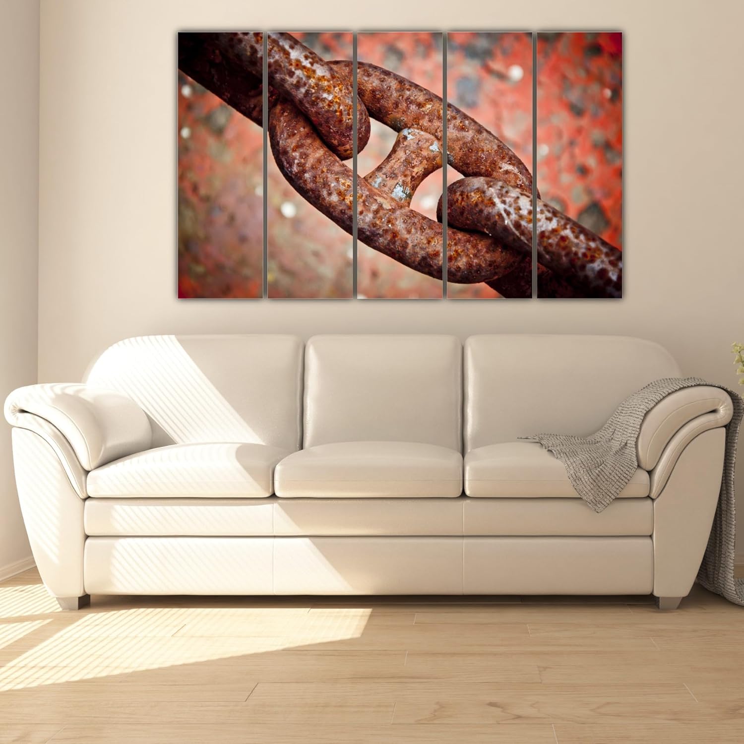 Close-up of the framed multi-panel Wall Art highlighting the rusted chain texture of the Chain-Reaction Rusted Photography Wall Art.