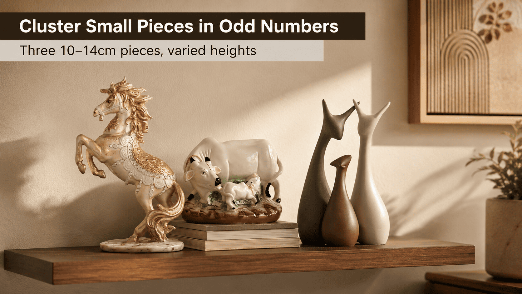 small decorative pieces clustered on a floating shelf