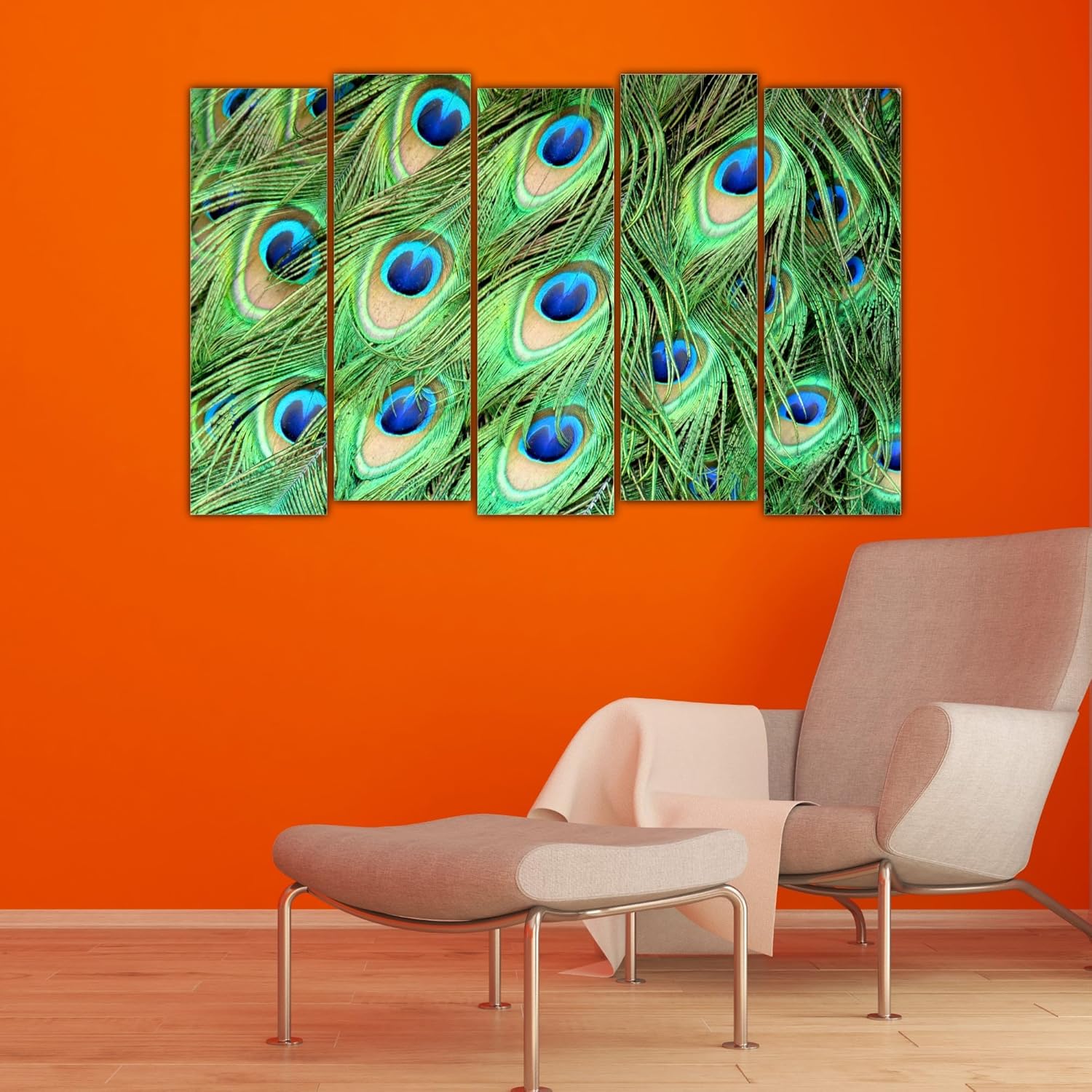 Close-up of peacock feathers digital print on 6mm MDF panels in the Peacock-tastic Wall Art set.