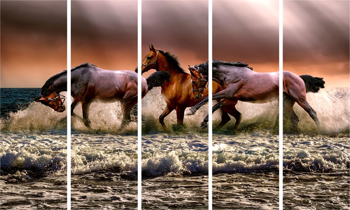 Gallop Into Good Vibes: Framed Multi-Panel Horse Vastu Wall Art displayed above a sofa, featuring dynamic running horses.