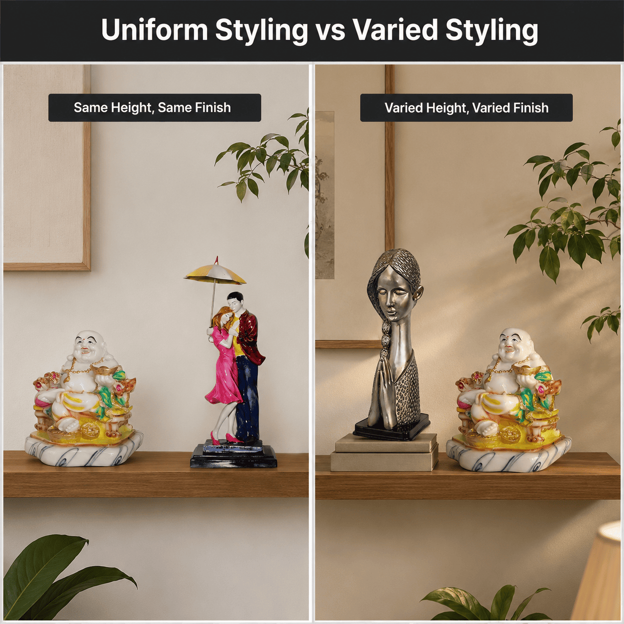 side by side comparison of a uniform shelf styling versus a varied height shelf styling