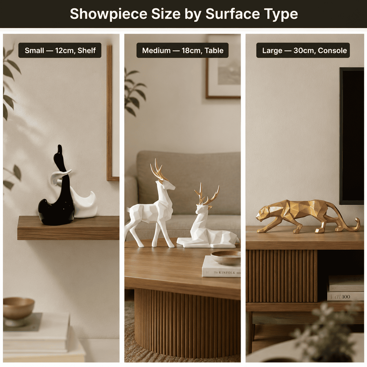 A comparison grid of small, medium, and large home decor showpieces on different surfaces