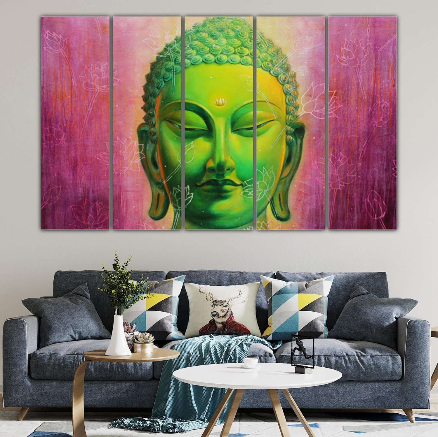 Close-up of the framed panels in Buddha-mazing Multi-Frame Wall Art for Instant Zen - Framed Buddha Vibes (127x76cm).