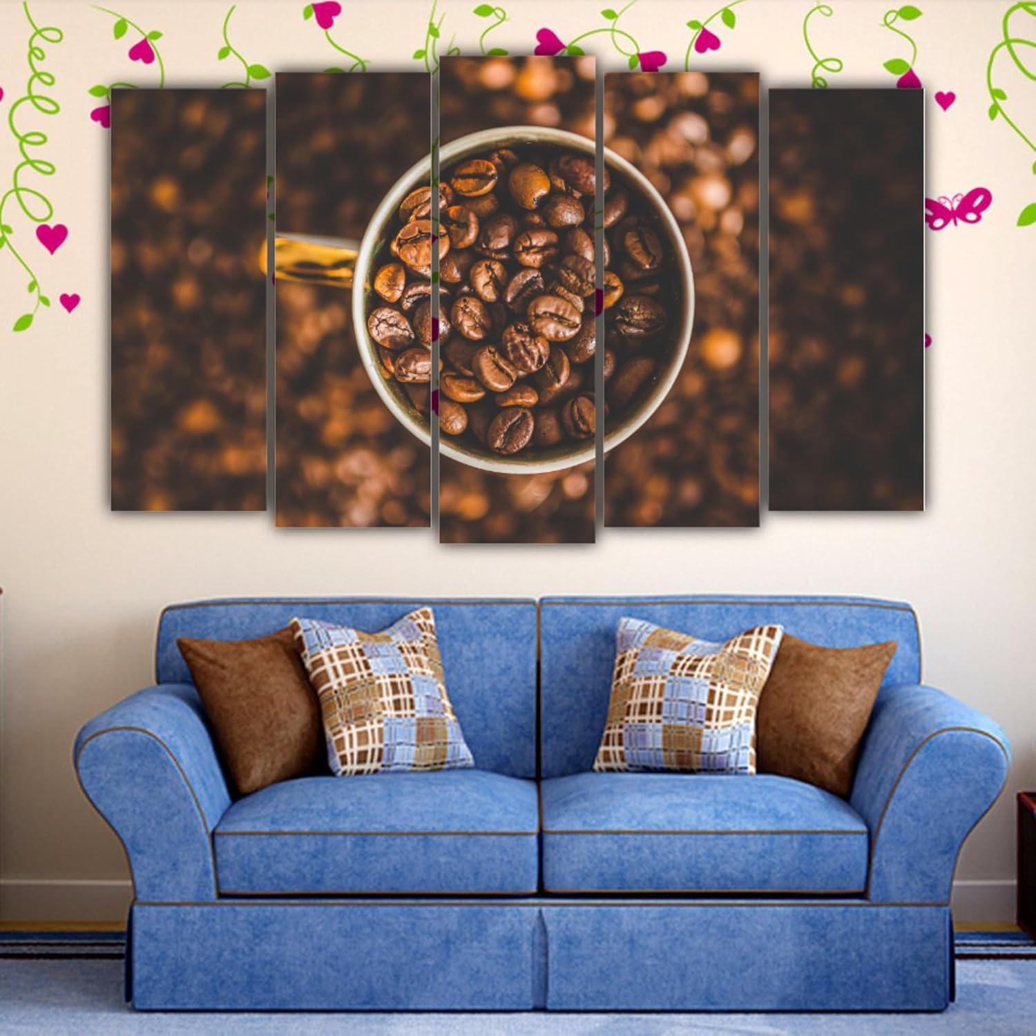 Side view of 5-panel coffee bean wall art ready to perk up any wall
