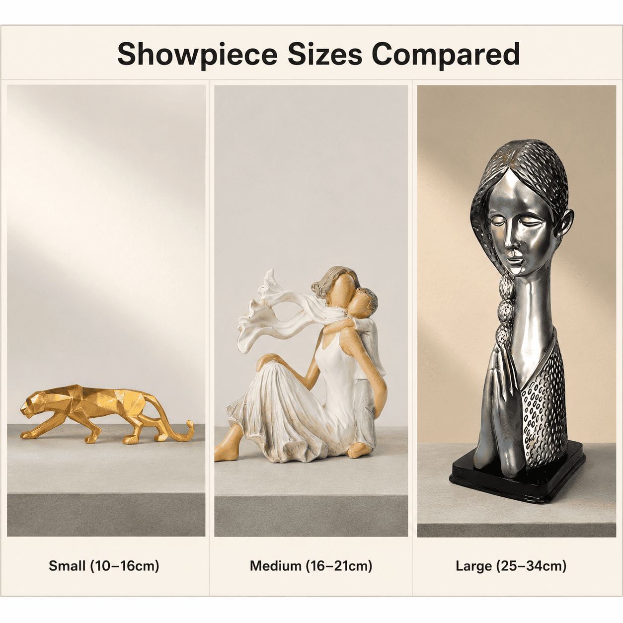 visual comparison grid of small medium and large showpiece sizes
