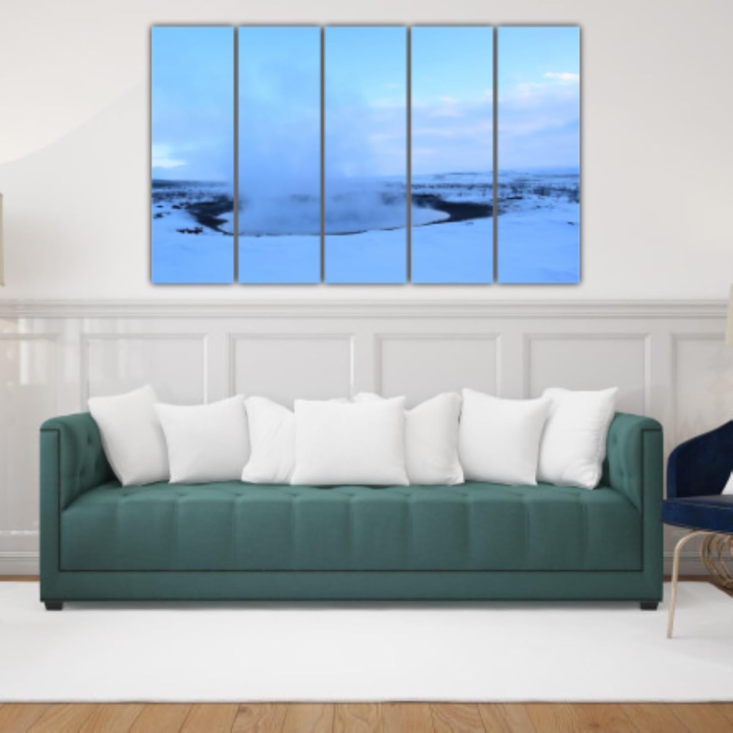 Close-up of the splash-resistant multi-frame snow Wall Art with frosty white and grey tones