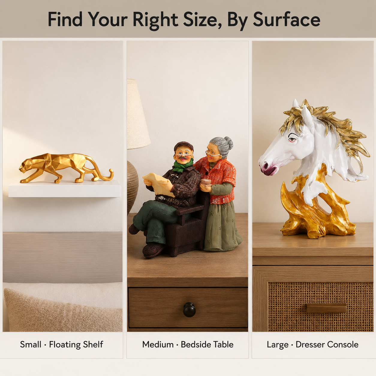 comparison grid of small medium and large bedroom showpieces against their matching surfaces