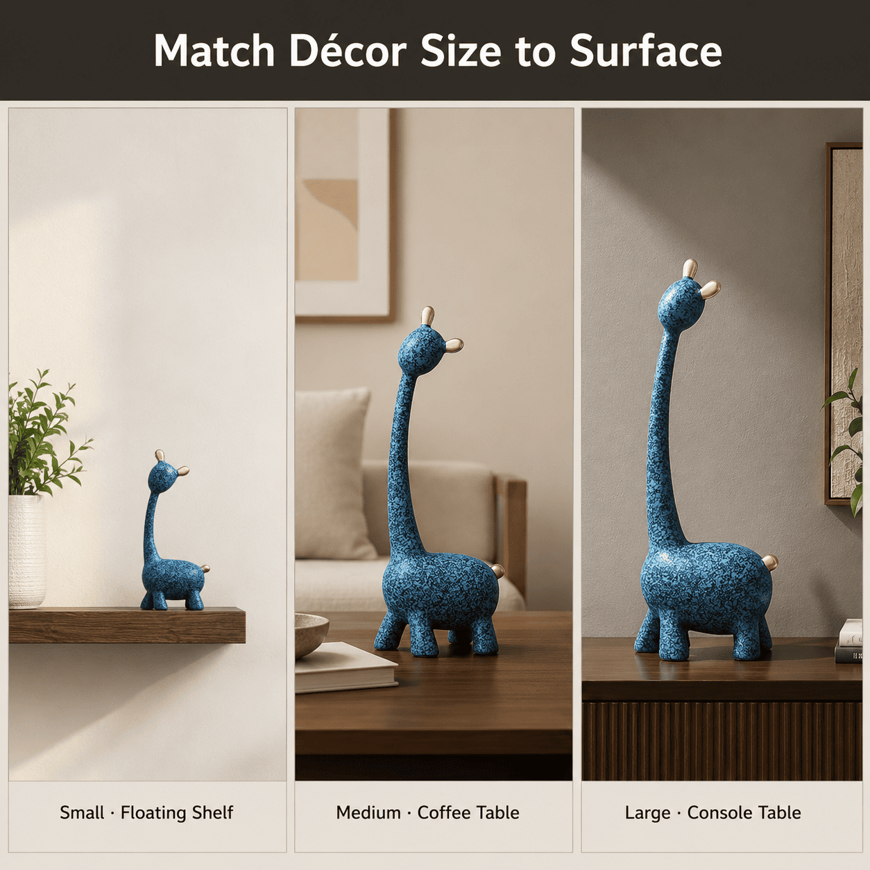 comparison grid of small medium and large home decor pieces on matching surfaces