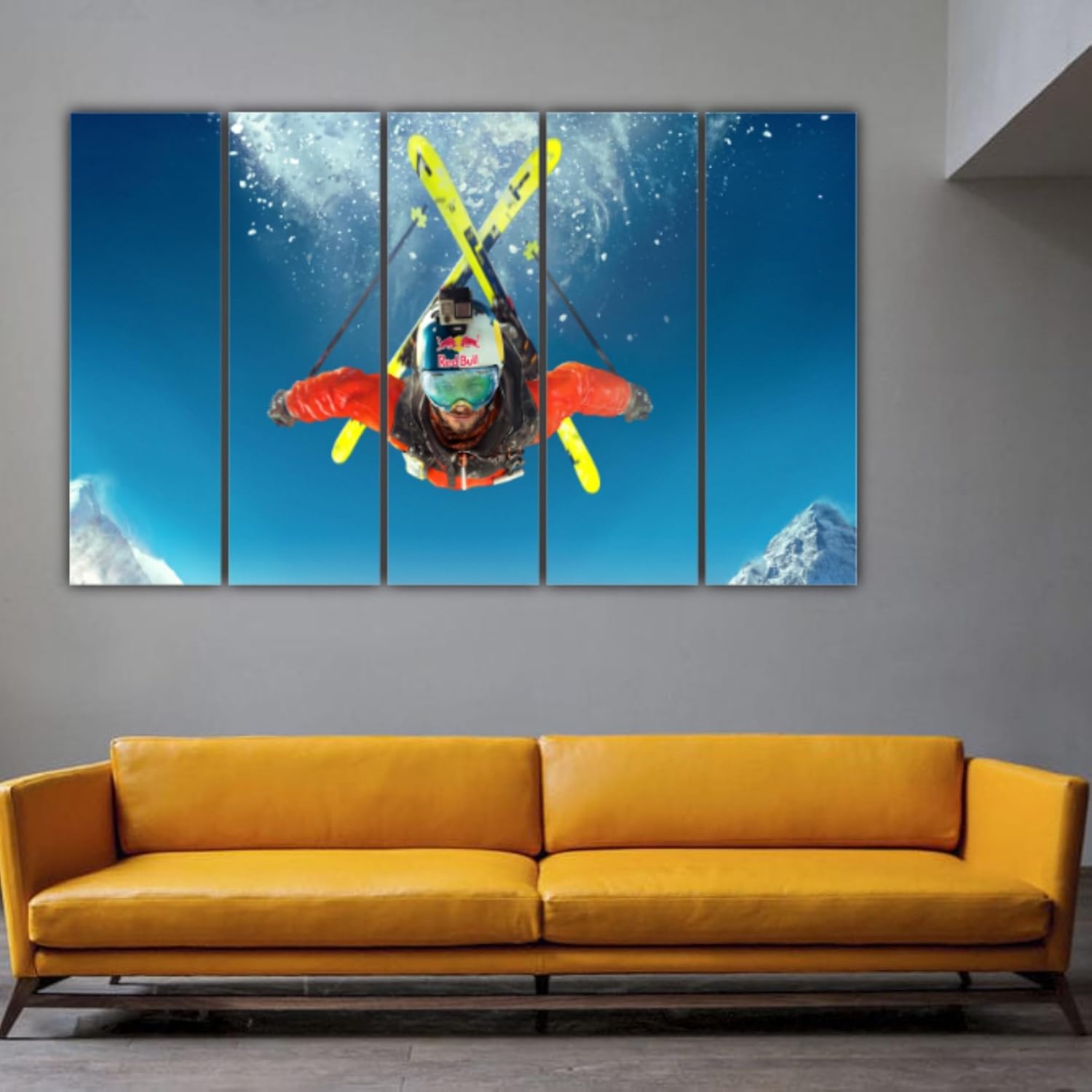 Close-up of the framed panels highlighting splash-proof lamination and heat-treated vibrant ski photography in the Wall Art.