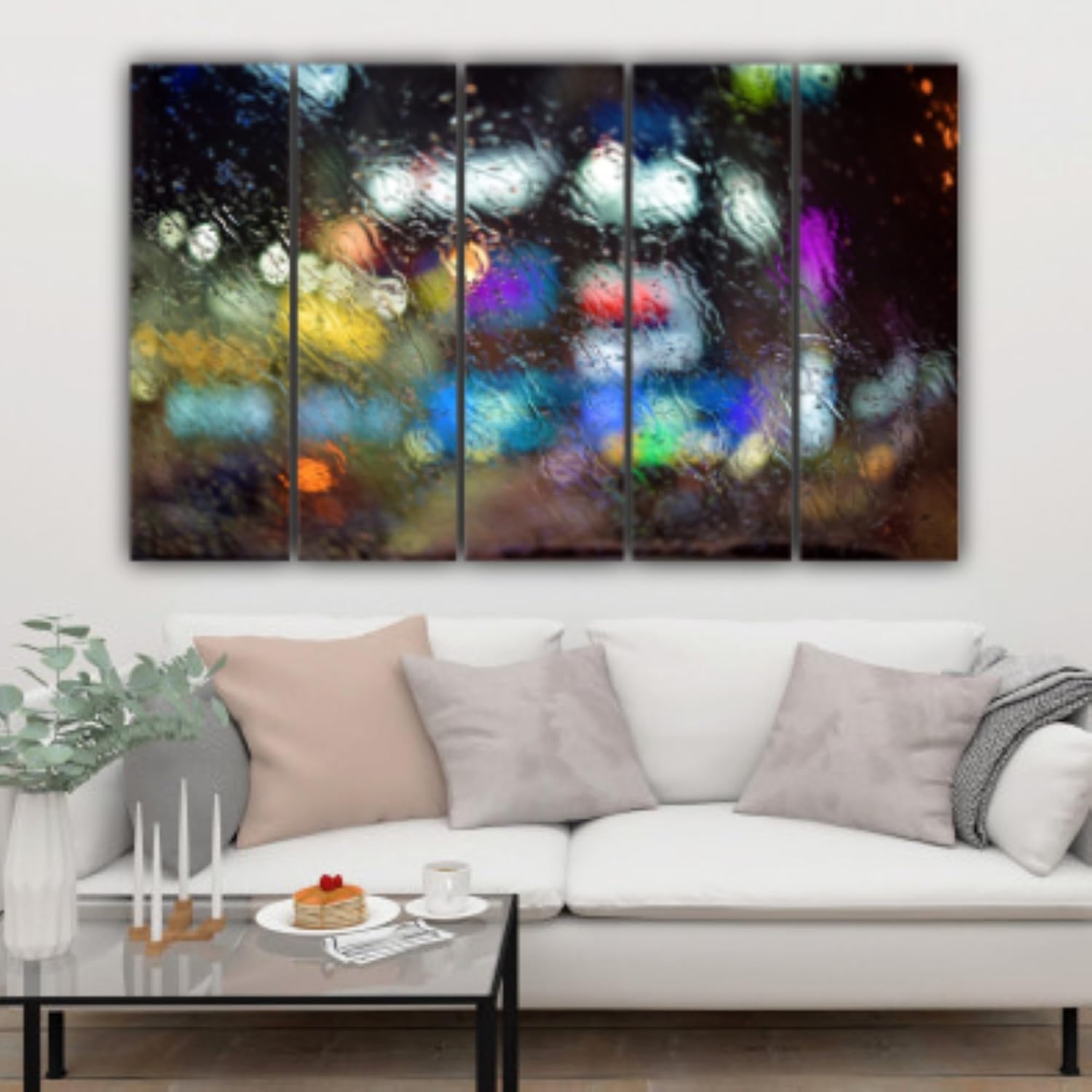 Living room wall adorned with Make a Scene: Multi-Frame Water-on-Glass Photography Wall Art That'll Make Waves  Framed Elegance (150x76cm).