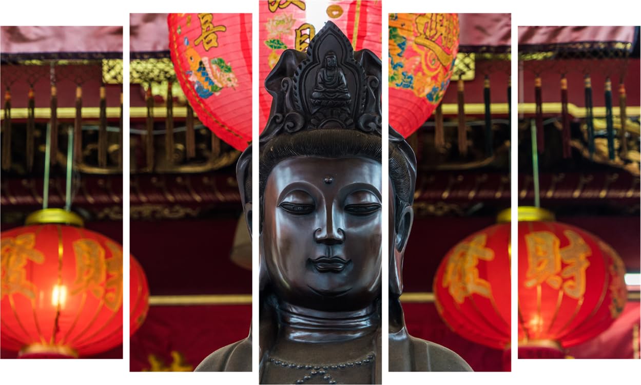 Close-up of Buddha-nificent 5-Panel Framed Wall Art showcasing serene Buddha face on MDF panels