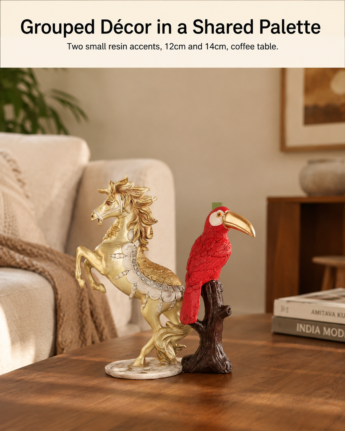small decorative pieces grouped on a coffee table