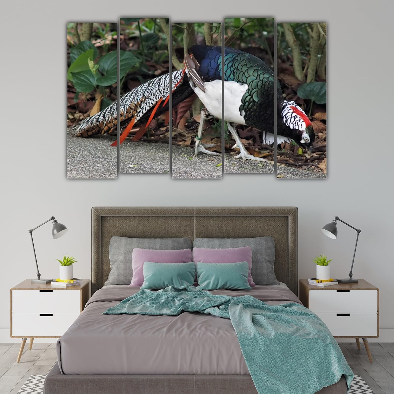 Full view of the Feathered Flock Display Wall Art hung above a sofa in a living room setting