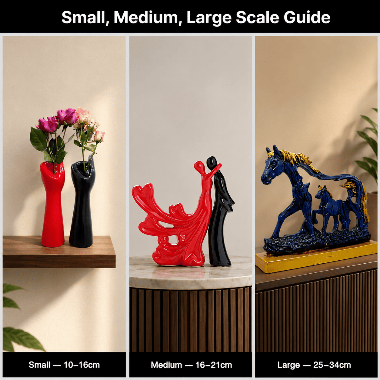 comparison grid of small medium and large home decor pieces on different surfaces