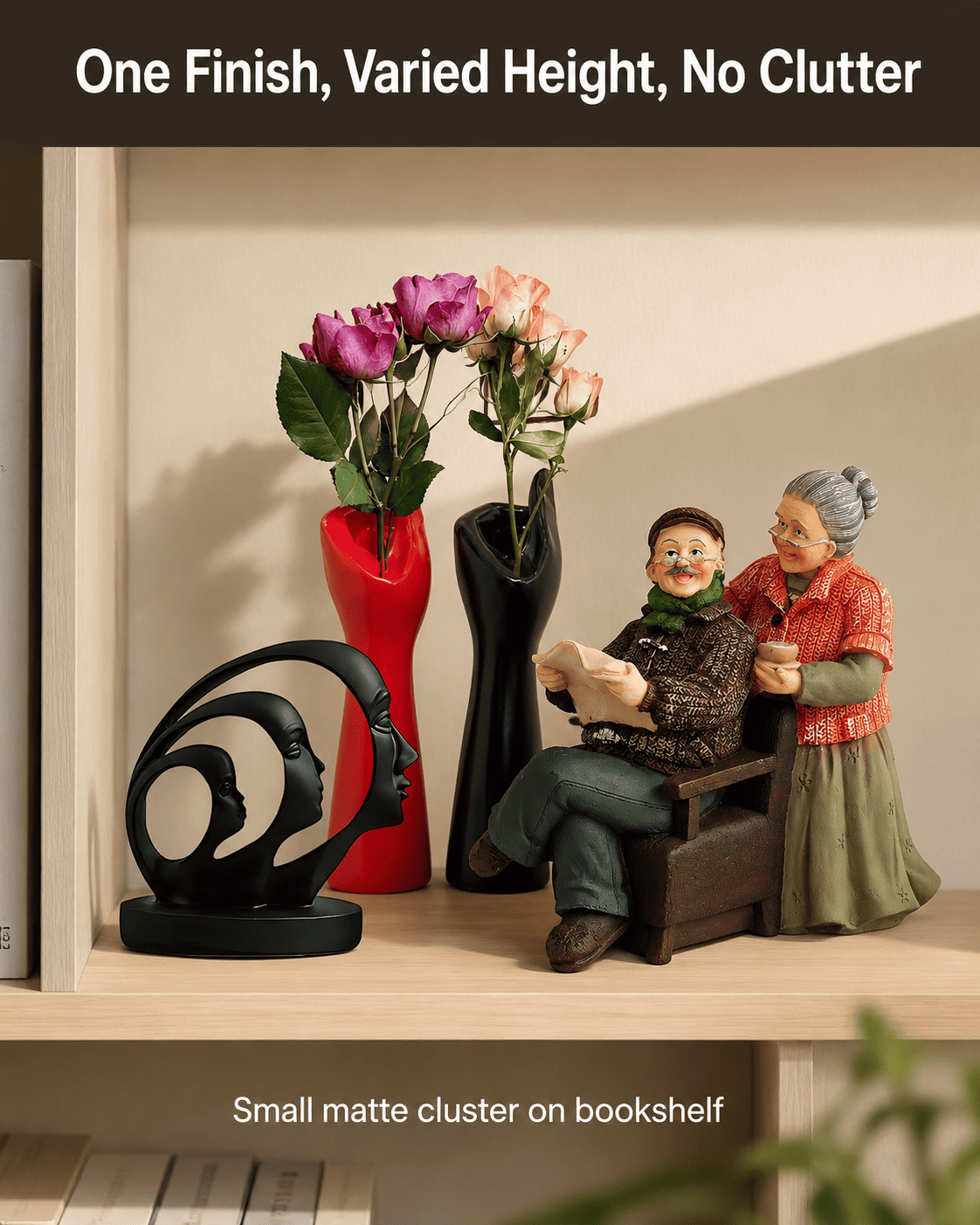 a small cluster of decor pieces with varied height grouped together on a shelf