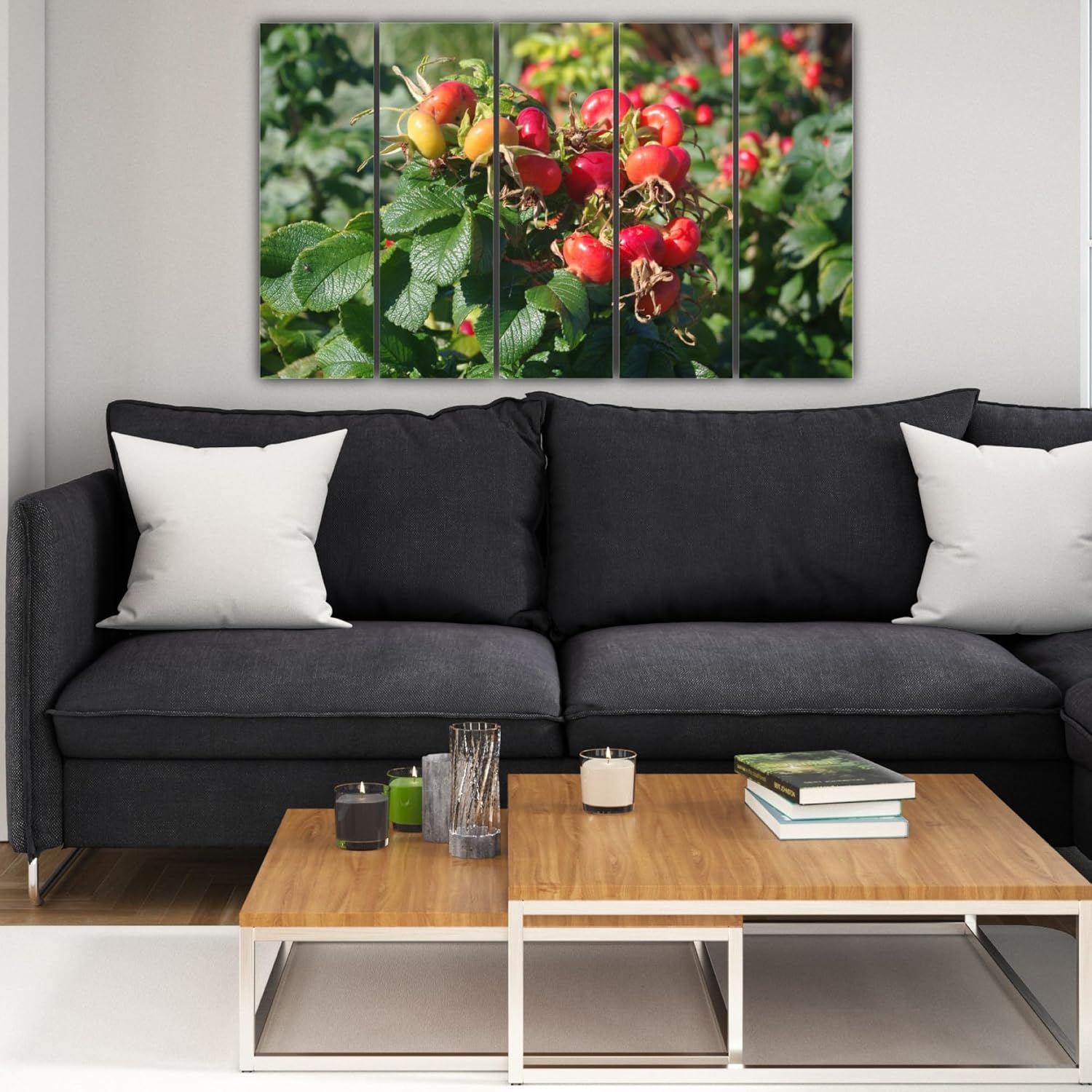 Full view of Berry Burst Fiesta Photography Wall Art mounted on a living room wall adding juicy color.
