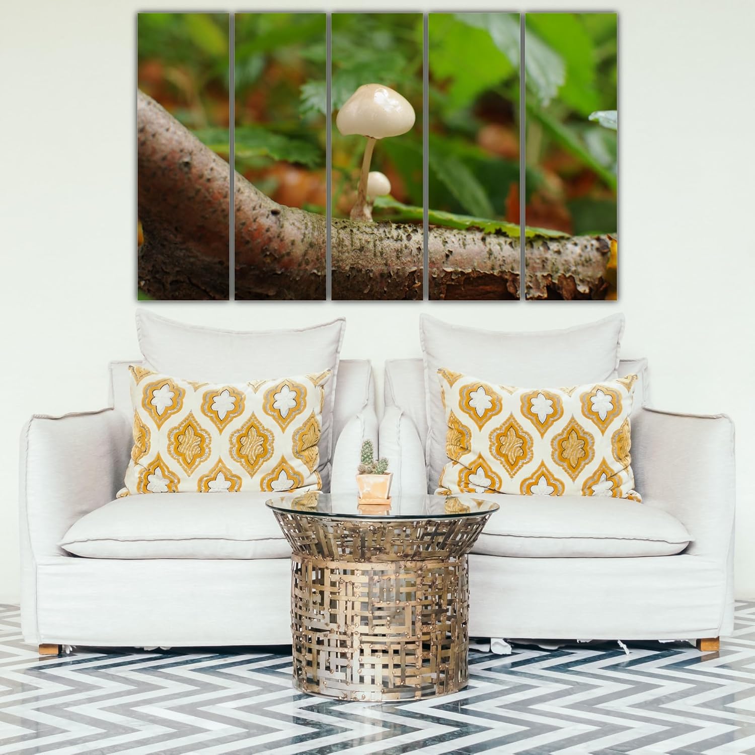 Cozy living room scene with Autumn Amped Photography Framed Wall Art above a neutral sofa.
