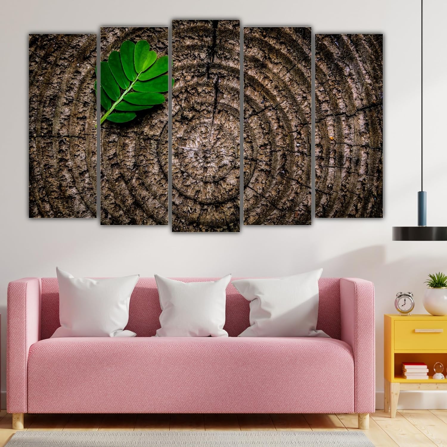 Five-panel Leafy Whispers Wall Art displayed in a modern living room