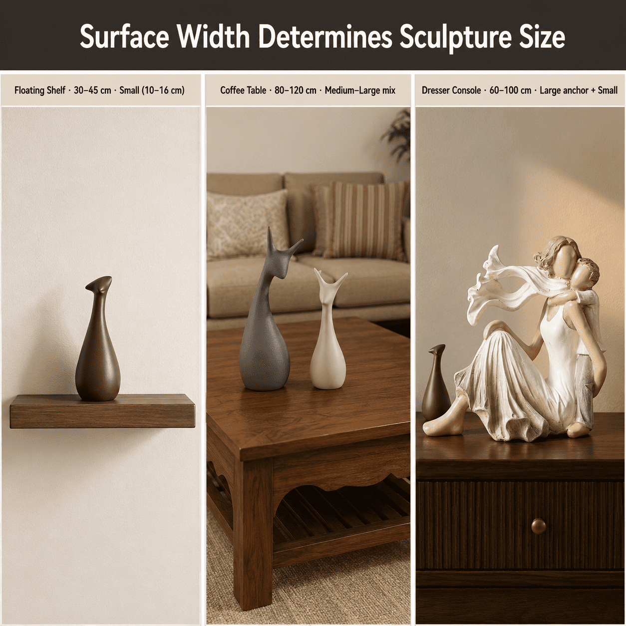 three surface types styled with décor accents at different size bands