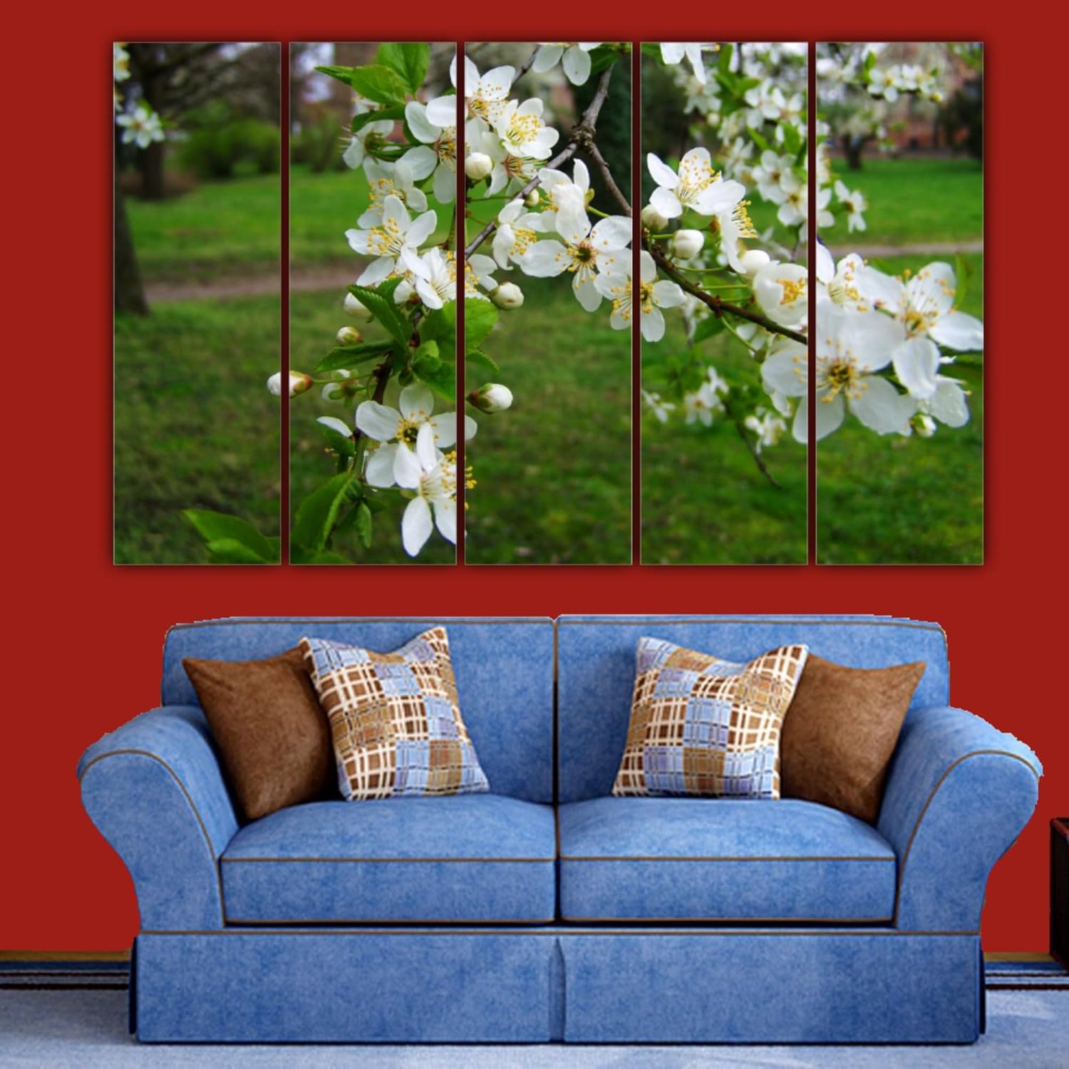 Close-up of abstract vinyl flowers on five-panel framed wall art