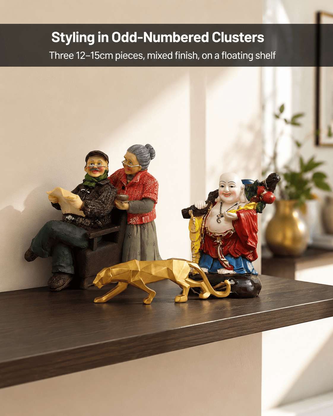 small decorative pieces clustered on a floating shelf