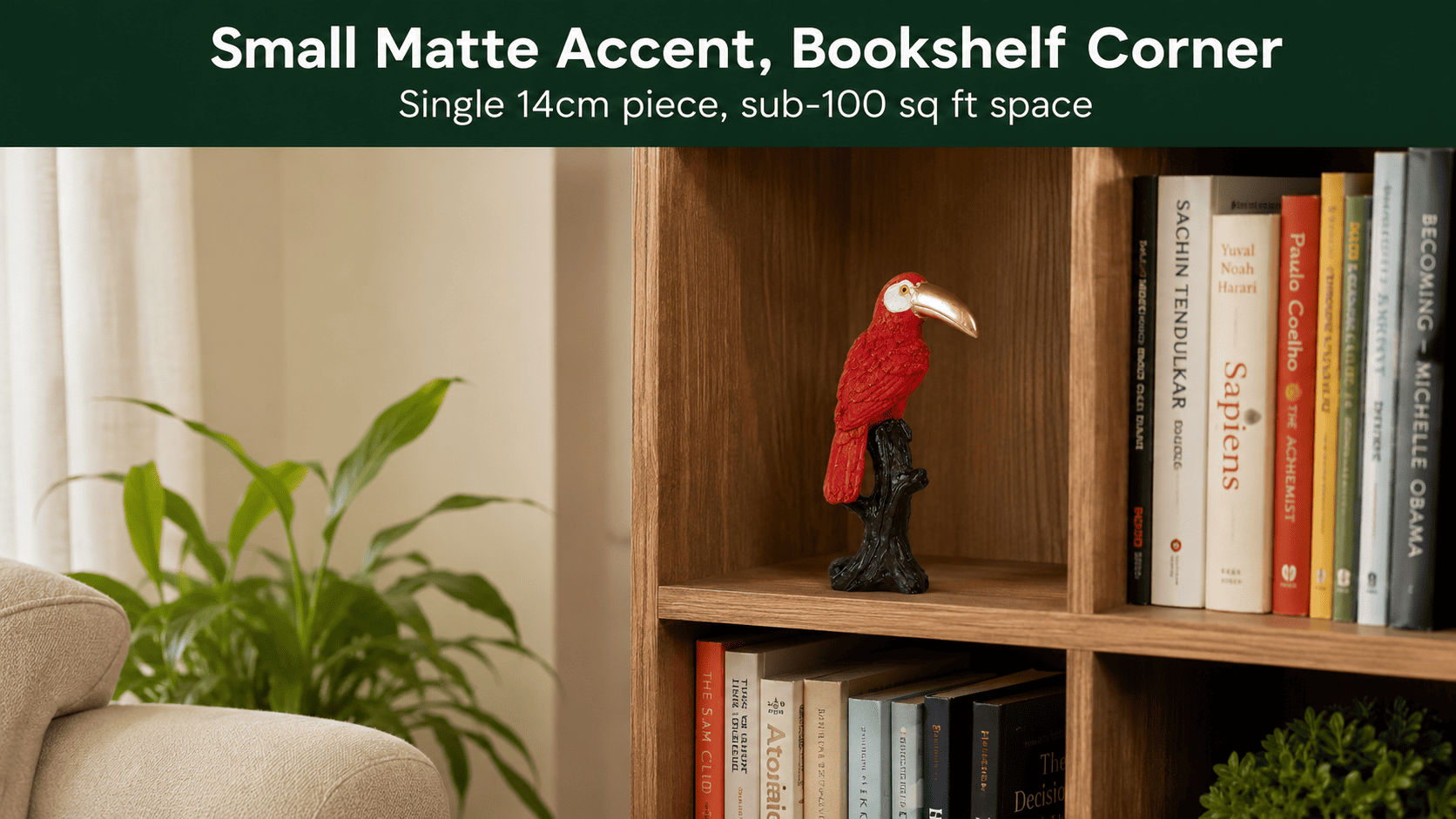 matte finish decor accent on a bookshelf in a neutral toned small living room