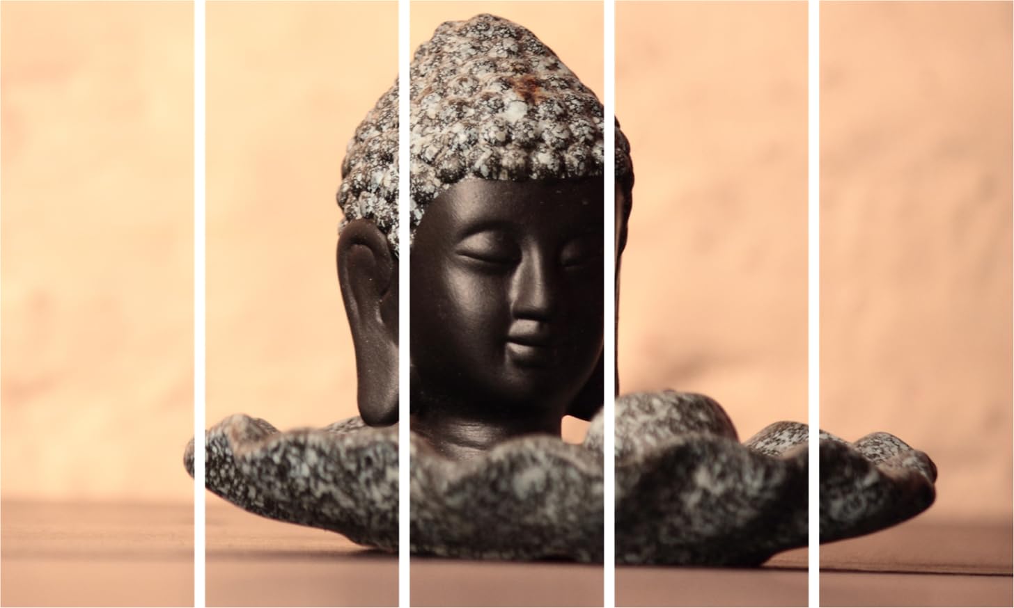 Buddha-tastic 5-Panel Framed Wall Art displayed above a modern sofa.