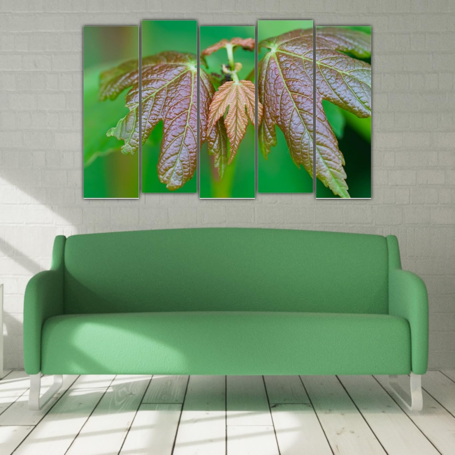 The Leaf-tastic 5-Frame Photography Print Framed Wall Art to Make Your Walls Unbe-leaf-able (50x30 inches) hung above a sofa adding a burst of nature-inspired flair.