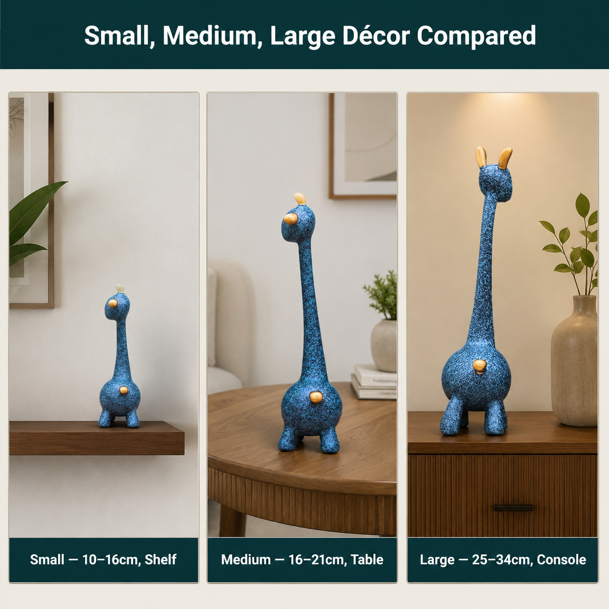 visual comparison grid of small, medium, and large decor accents against apartment furniture