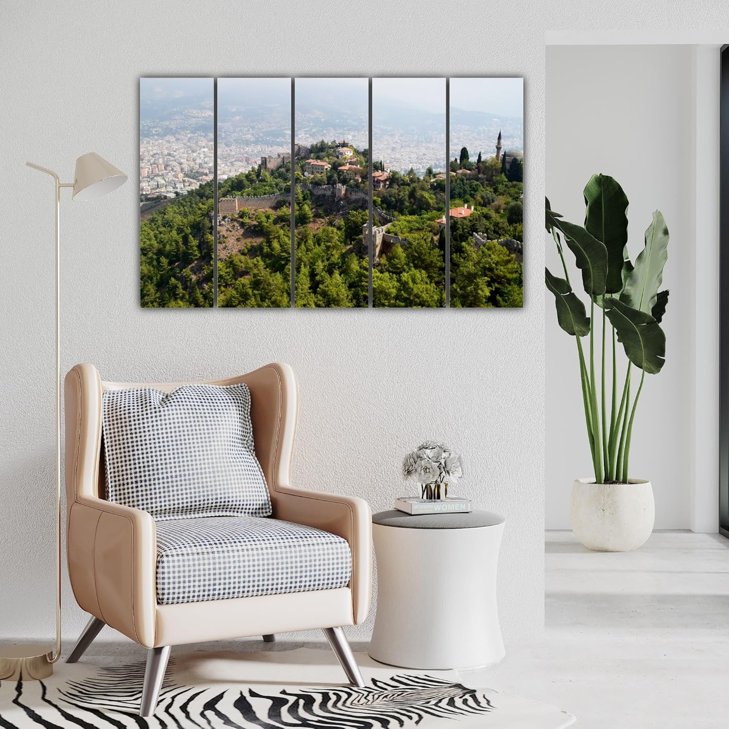 Living room wall adorned with Cityscape-sational Multi-Frame Wall Art in multicolour MDF frames.