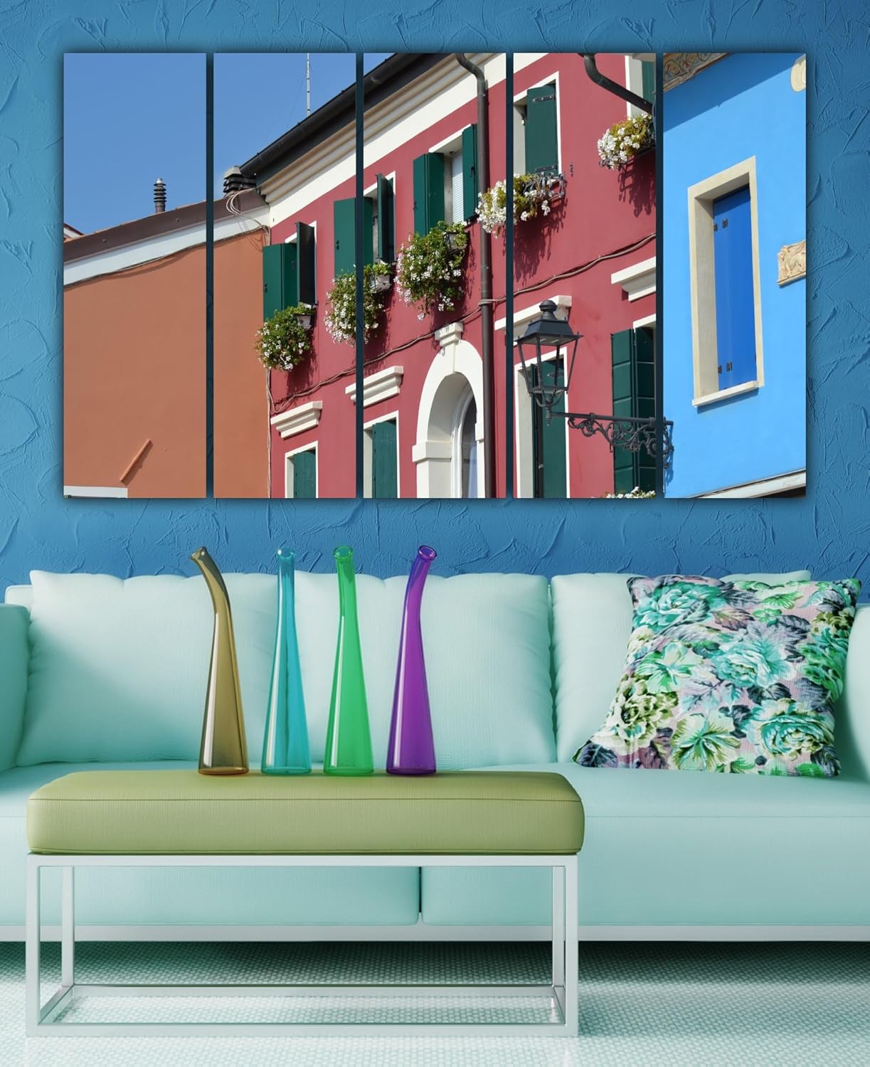 Frame Your Colorful Neighborhood: 5-Panel Photography-Framed Wall Art (150x76cm) displayed on a stylish living room wall