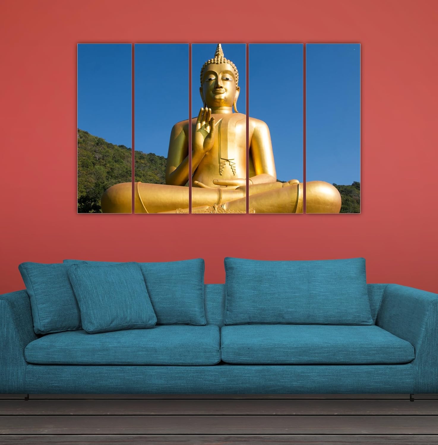 Living room styled with Buddha-la-Zen Multi-Frame Framed Wall Art adding zen vibes.
