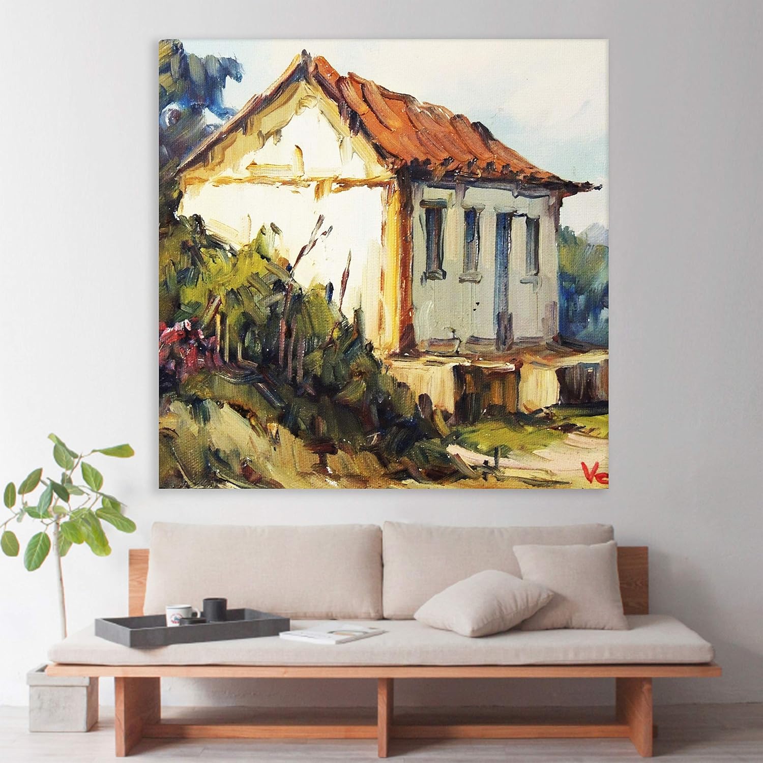 Village-vibe Unframed Red Roofed House Wall Art featuring a charming red-roofed house painted in vivid matte colors