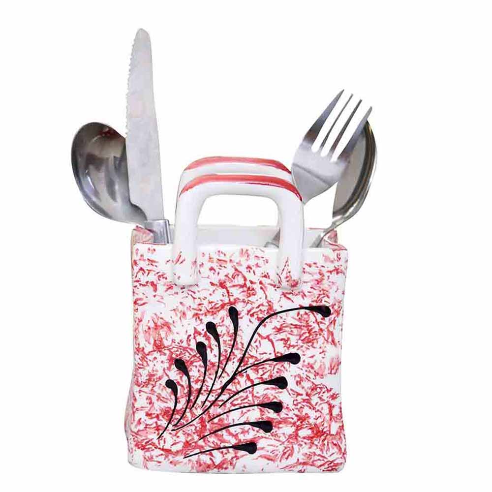 Elegant White and Brown Ceramic Cutlery Holder with Artistic Handpainted Detail on Kitchen Counter.