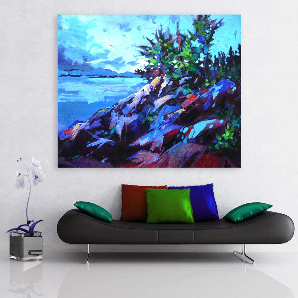 Stone-cold Stunning Unframed Abstract Beach Rock Canvas Wall Art (91×76cm) displayed above a modern sofa.