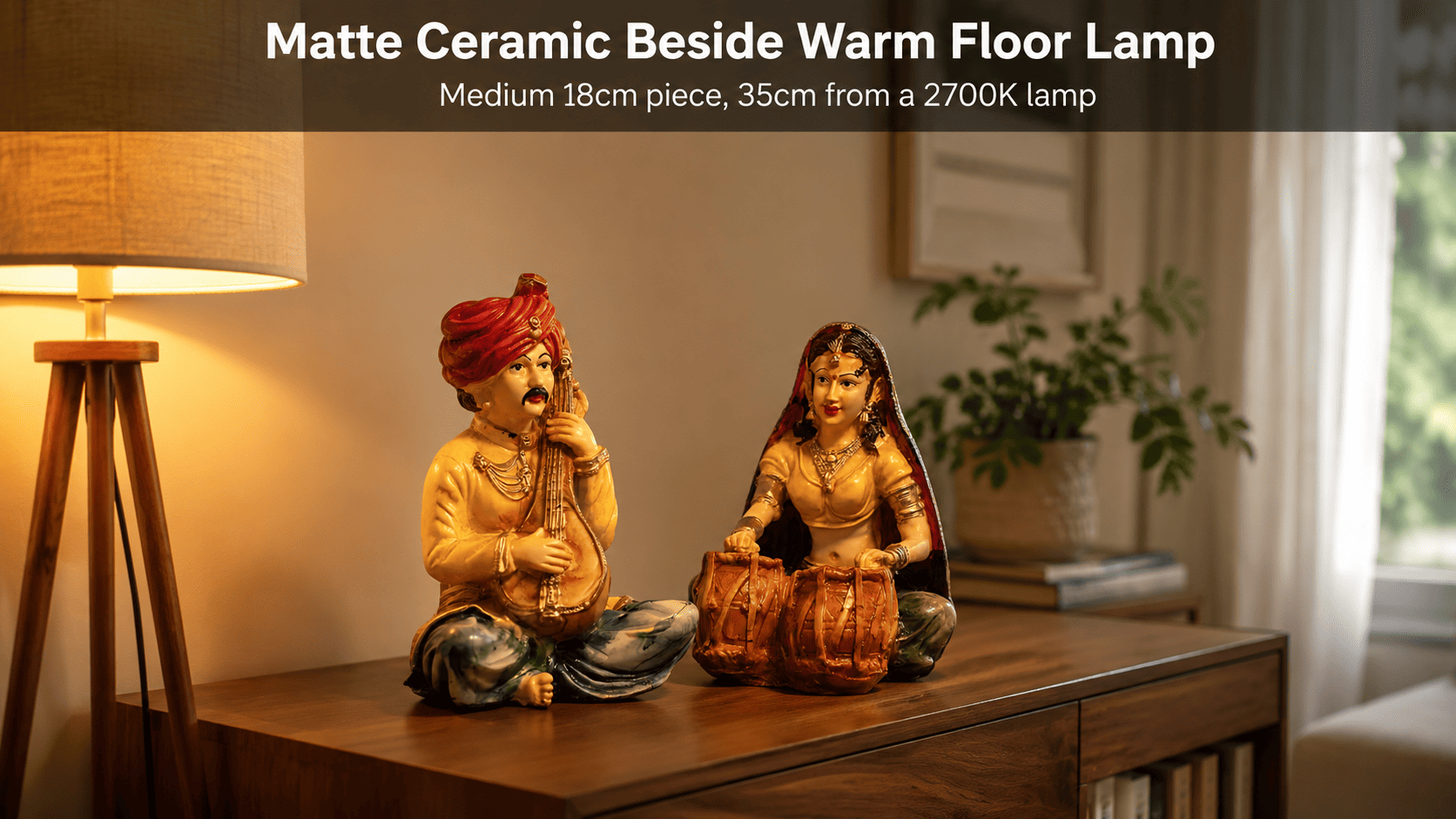 ceramic decor piece beside a warm floor lamp in a living room corner